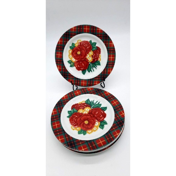 Vintage Holly Holderman Set Of 4 Red & Green Plaid Floral 8" Salad Plates - Picture 8 of 8